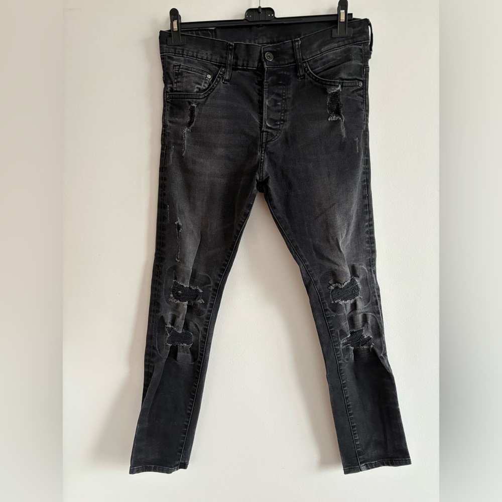 W32 L32 Skinny Low Waist Black Distressed Mens Jeans H&M